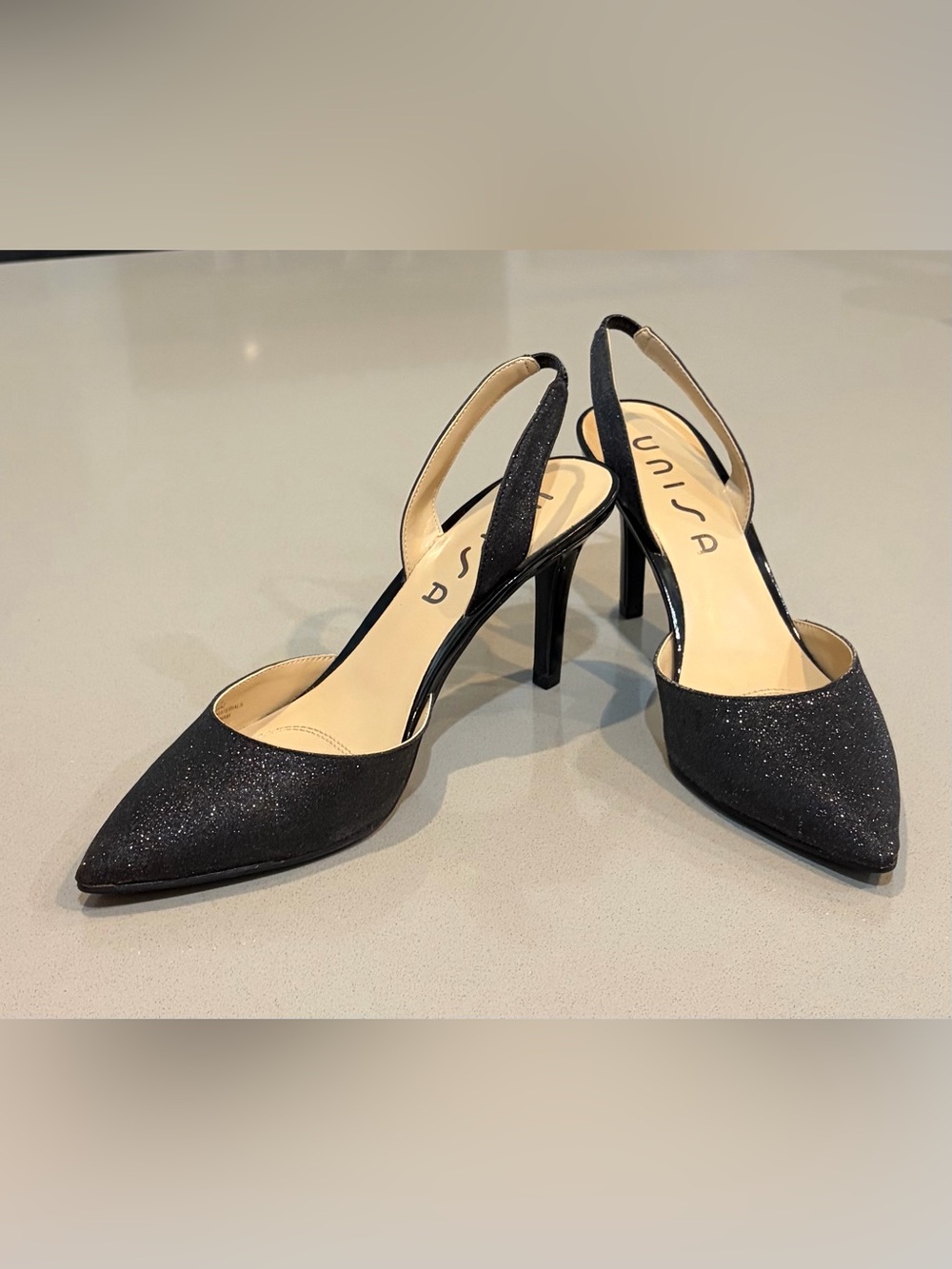 Unisa Black Glitter Slingback Pointed-Toe Heels